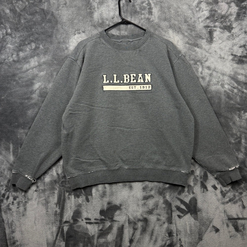 L.L.Bean Sweatshirt Large Gray Embroidered Logo Distressed Crewneck V-Stitch